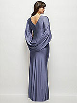 Rear View Thumbnail - French Blue Draped Stretch Satin Maxi Dress with Built-in Capelet