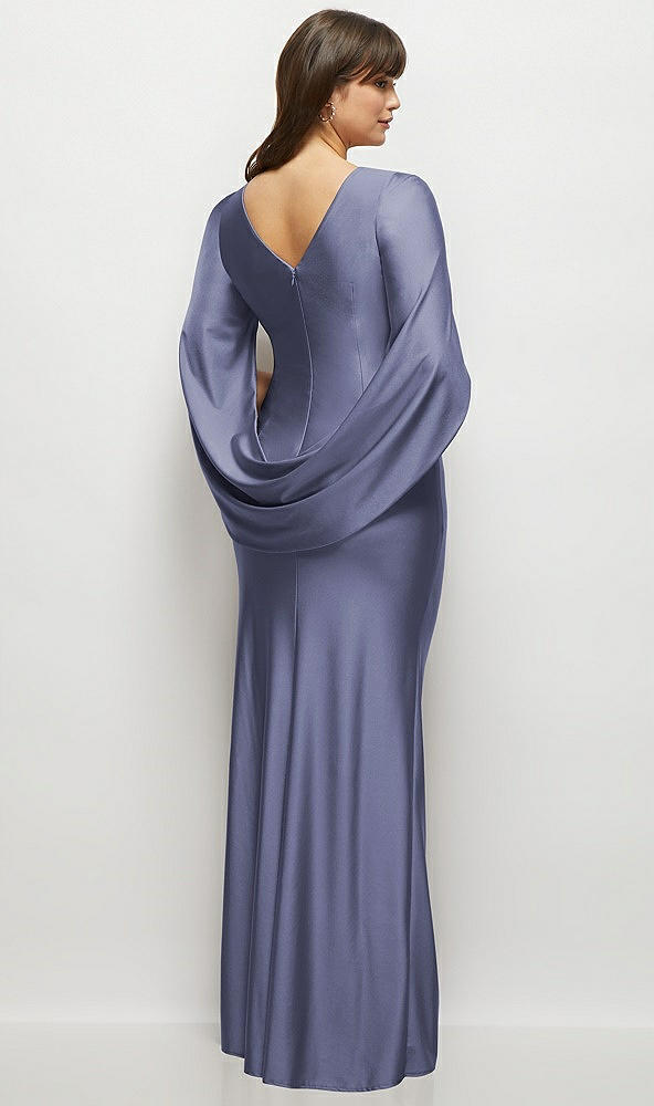 Back View - French Blue Draped Stretch Satin Maxi Dress with Built-in Capelet