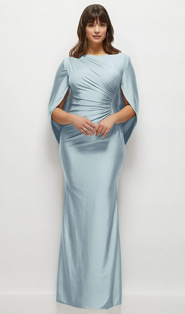Front View - Mist Draped Stretch Satin Maxi Dress with Built-in Capelet