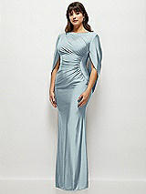 Side View Thumbnail - Mist Draped Stretch Satin Maxi Dress with Built-in Capelet