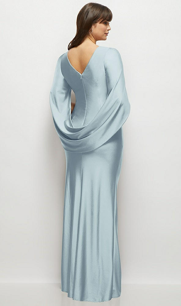 Back View - Mist Draped Stretch Satin Maxi Dress with Built-in Capelet
