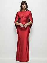 Front View Thumbnail - Poppy Red Draped Stretch Satin Maxi Dress with Built-in Capelet