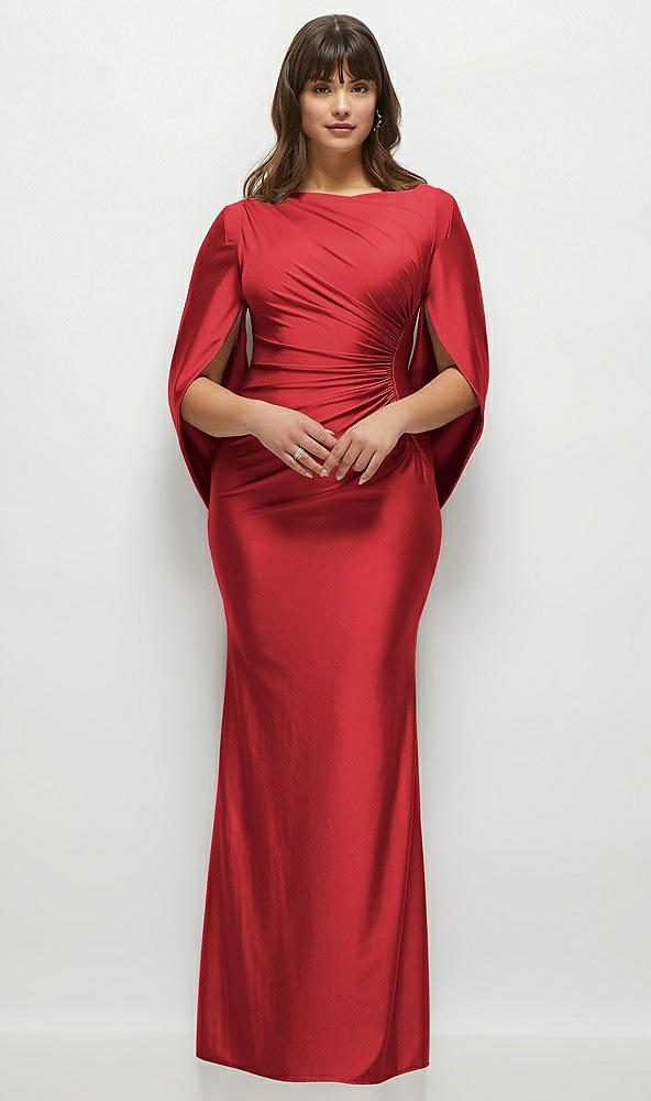 Front View - Poppy Red Draped Stretch Satin Maxi Dress with Built-in Capelet