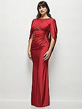 Side View Thumbnail - Poppy Red Draped Stretch Satin Maxi Dress with Built-in Capelet