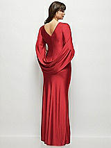 Rear View Thumbnail - Poppy Red Draped Stretch Satin Maxi Dress with Built-in Capelet