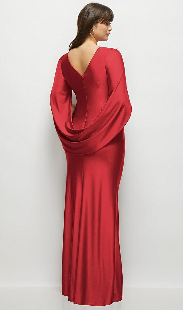 Back View - Poppy Red Draped Stretch Satin Maxi Dress with Built-in Capelet