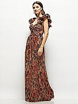 Alt View 3 Thumbnail - Harvest Floral Print Dramatic Ruffle Edge Strap Fall Foral Pleated Metallic Maxi Dress