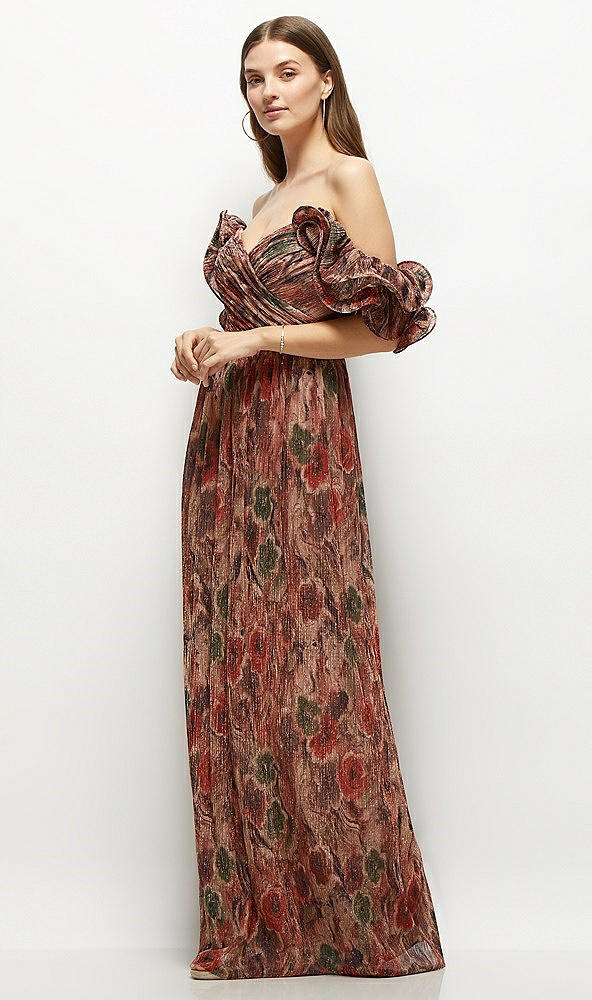 Front View - Harvest Floral Print Dramatic Ruffle Edge Strap Fall Foral Pleated Metallic Maxi Dress
