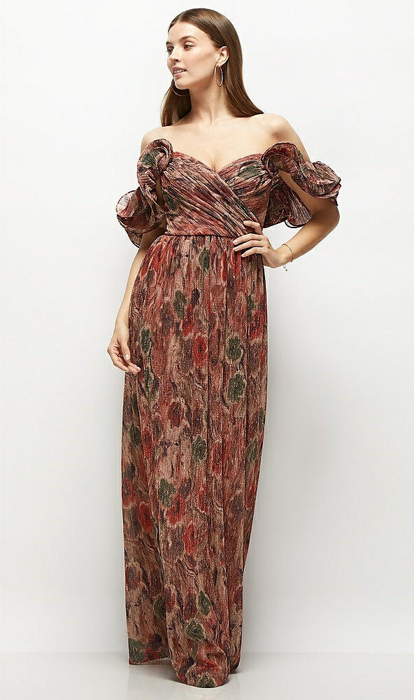 Back View - Harvest Floral Print Dramatic Ruffle Edge Strap Fall Foral Pleated Metallic Maxi Dress