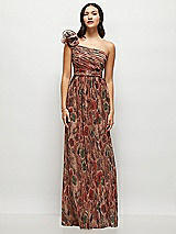 Side View Thumbnail - Harvest Floral Print Dramatic Ruffle Edge One-Shoulder Fall Foral Pleated Metallic Maxi Dress