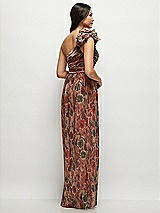 Rear View Thumbnail - Harvest Floral Print Dramatic Ruffle Edge One-Shoulder Fall Foral Pleated Metallic Maxi Dress