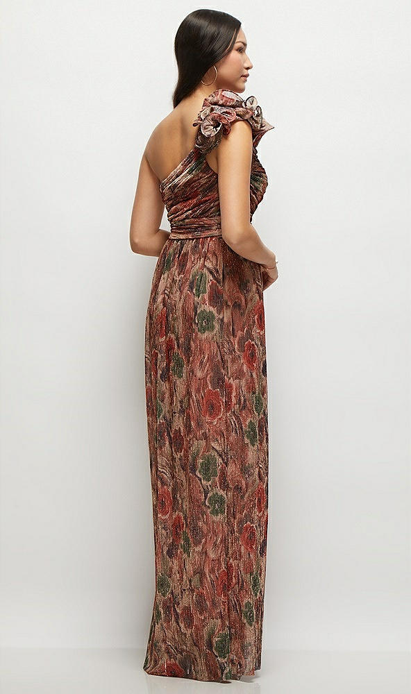 Back View - Harvest Floral Print Dramatic Ruffle Edge One-Shoulder Fall Foral Pleated Metallic Maxi Dress