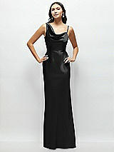 Front View Thumbnail - Black One-Shoulder Draped Cowl A-Line Satin Maxi Dress