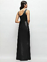 Rear View Thumbnail - Black One-Shoulder Draped Cowl A-Line Satin Maxi Dress