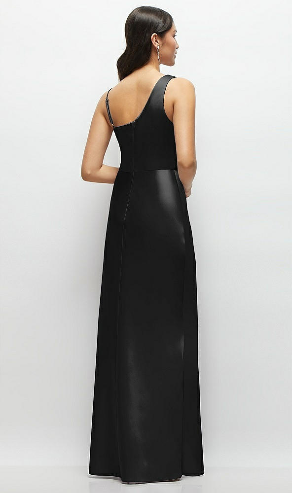 Back View - Black One-Shoulder Draped Cowl A-Line Satin Maxi Dress