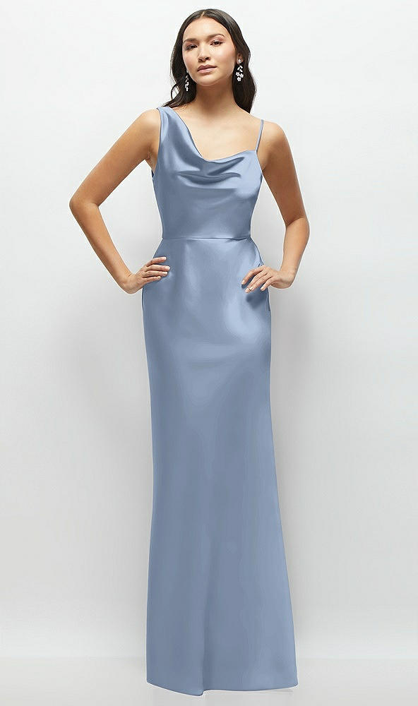 Front View - Cloudy One-Shoulder Draped Cowl A-Line Satin Maxi Dress