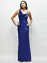 Front View Thumbnail - Cobalt Blue One-Shoulder Draped Cowl A-Line Satin Maxi Dress