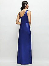 Rear View Thumbnail - Cobalt Blue One-Shoulder Draped Cowl A-Line Satin Maxi Dress