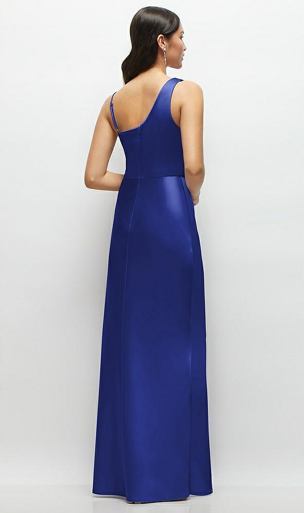 Back View - Cobalt Blue One-Shoulder Draped Cowl A-Line Satin Maxi Dress