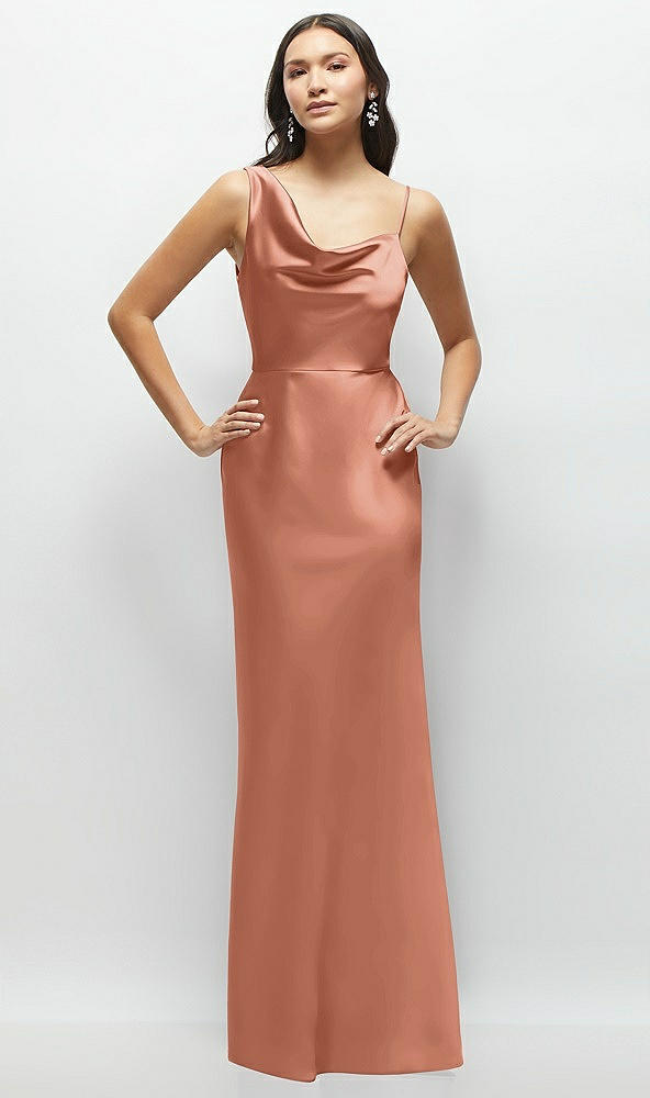 Front View - Copper Penny One-Shoulder Draped Cowl A-Line Satin Maxi Dress