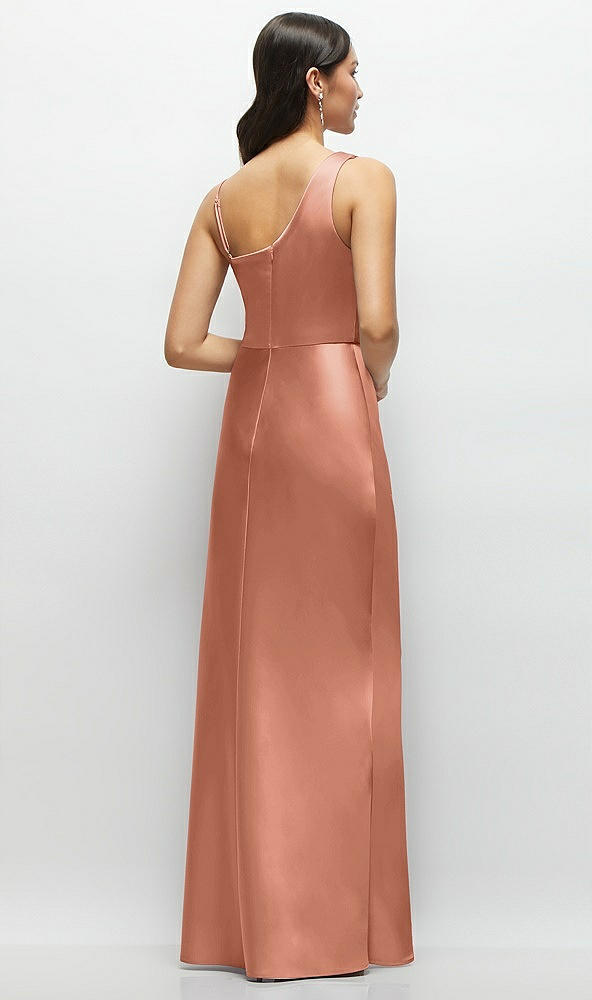 Back View - Copper Penny One-Shoulder Draped Cowl A-Line Satin Maxi Dress