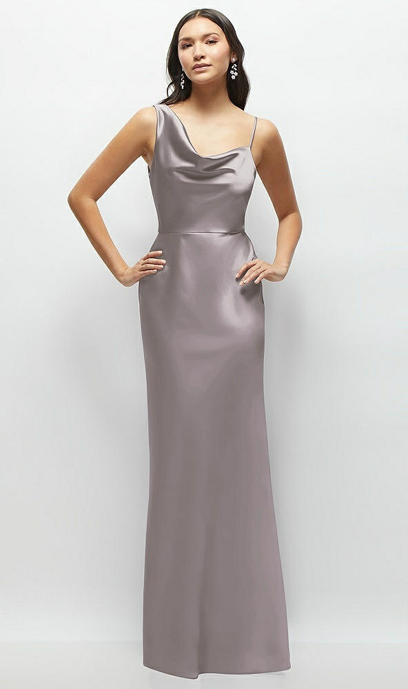 Front View - Cashmere Gray One-Shoulder Draped Cowl A-Line Satin Maxi Dress