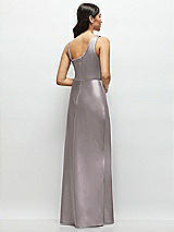 Rear View Thumbnail - Cashmere Gray One-Shoulder Draped Cowl A-Line Satin Maxi Dress