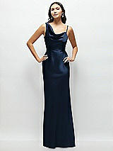 Front View Thumbnail - Midnight Navy One-Shoulder Draped Cowl A-Line Satin Maxi Dress