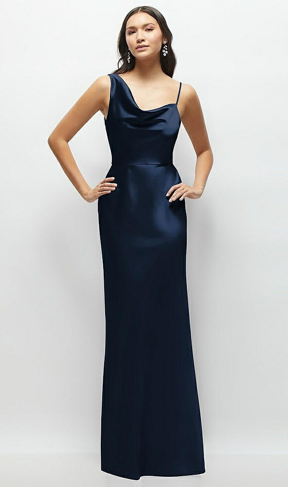 Front View - Midnight Navy One-Shoulder Draped Cowl A-Line Satin Maxi Dress