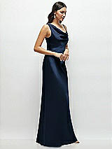 Side View Thumbnail - Midnight Navy One-Shoulder Draped Cowl A-Line Satin Maxi Dress