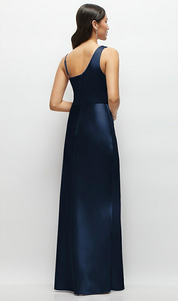 Back View - Midnight Navy One-Shoulder Draped Cowl A-Line Satin Maxi Dress