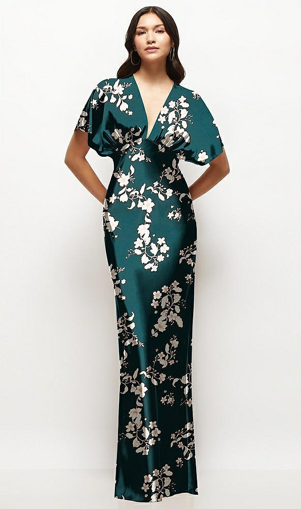 Front View - Vintage Primrose Plunge Neck Kimono Sleeve Floral Satin Bias Maxi Dress