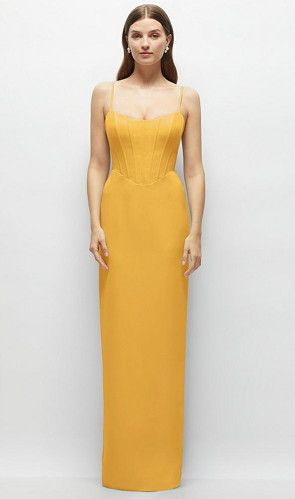 Front View - NYC Yellow Corset-Style Crepe Column Maxi Dress with Adjustable Straps