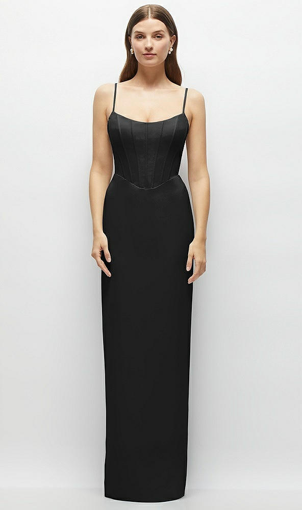 Front View - Black Corset-Style Crepe Column Maxi Dress with Adjustable Straps