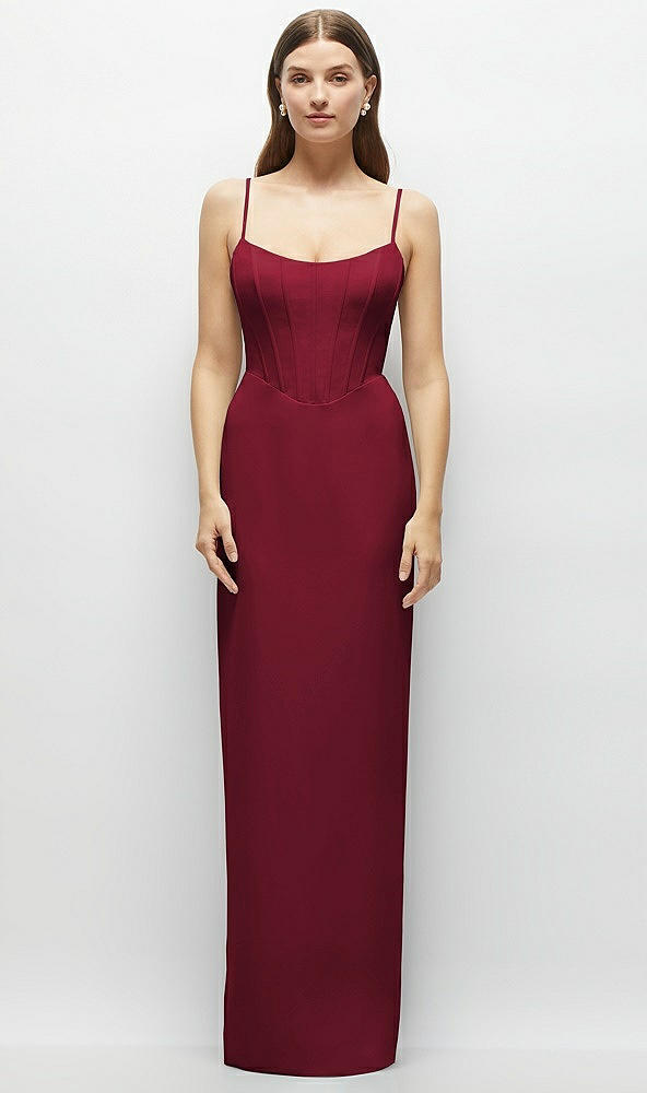 Front View - Burgundy Corset-Style Crepe Column Maxi Dress with Adjustable Straps