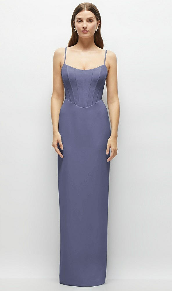 Front View - French Blue Corset-Style Crepe Column Maxi Dress with Adjustable Straps