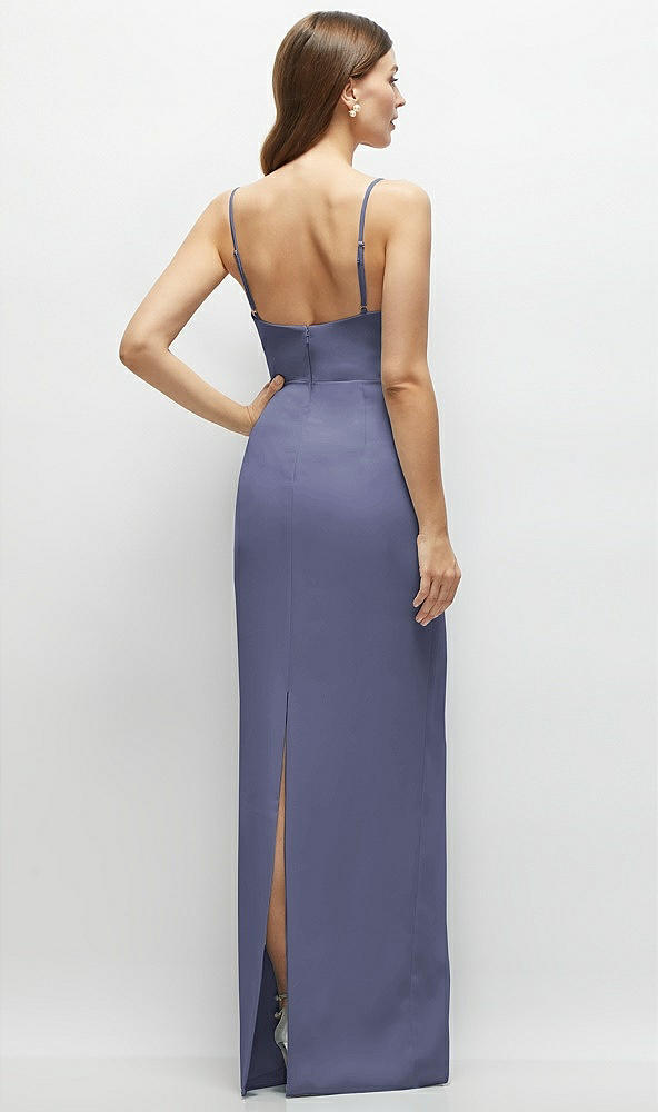 Back View - French Blue Corset-Style Crepe Column Maxi Dress with Adjustable Straps
