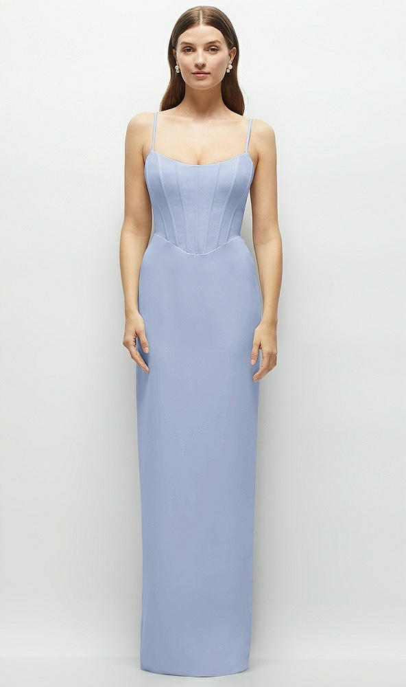 Front View - Sky Blue Corset-Style Crepe Column Maxi Dress with Adjustable Straps