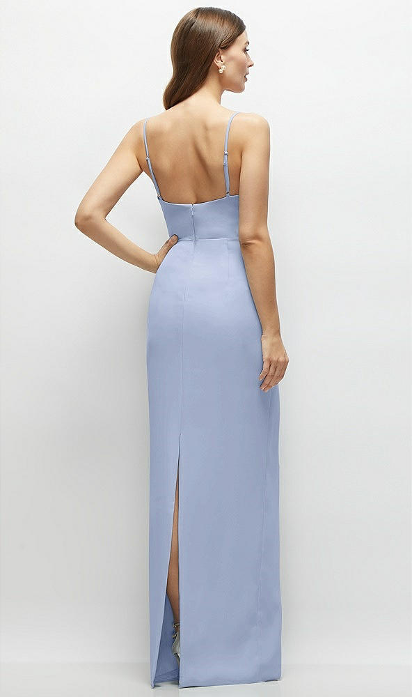 Back View - Sky Blue Corset-Style Crepe Column Maxi Dress with Adjustable Straps