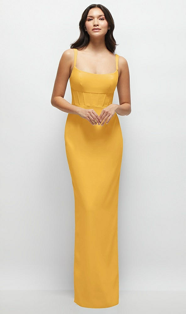 Front View - NYC Yellow Corset Midriff Crepe Column Maxi Dress