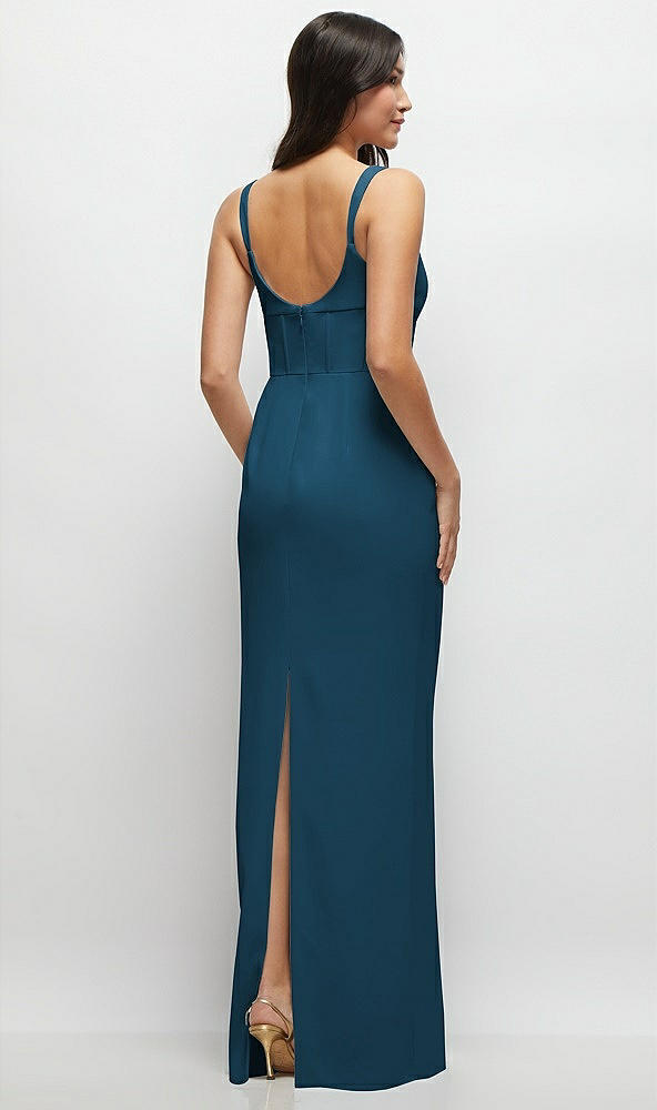 Back View - Atlantic Blue Corset Midriff Crepe Column Maxi Dress