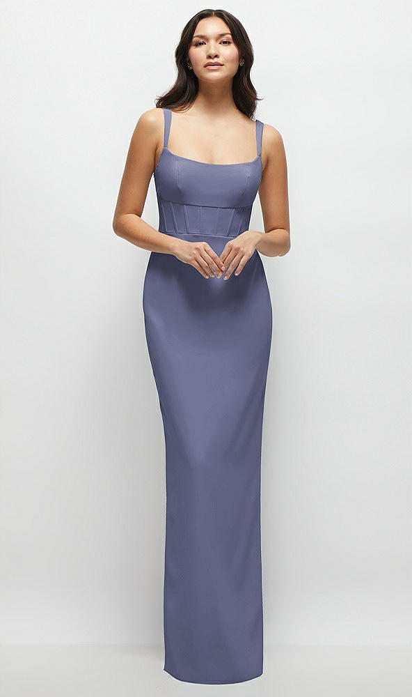 Front View - French Blue Corset Midriff Crepe Column Maxi Dress