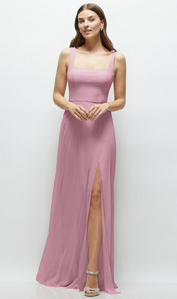 Front View - Dusty Pink Square Neck Chiffon Maxi Dress with Circle Skirt