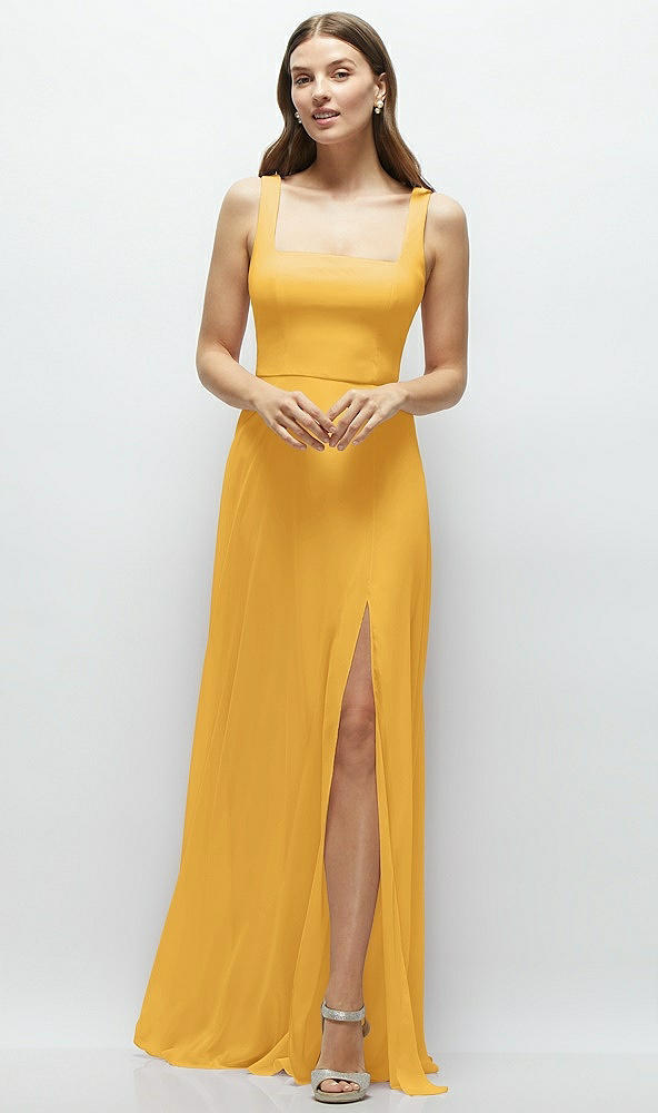 Front View - NYC Yellow Square Neck Chiffon Maxi Dress with Circle Skirt