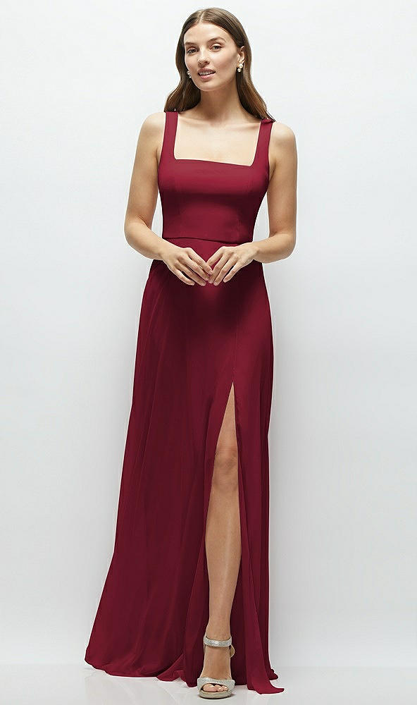Front View - Burgundy Square Neck Chiffon Maxi Dress with Circle Skirt