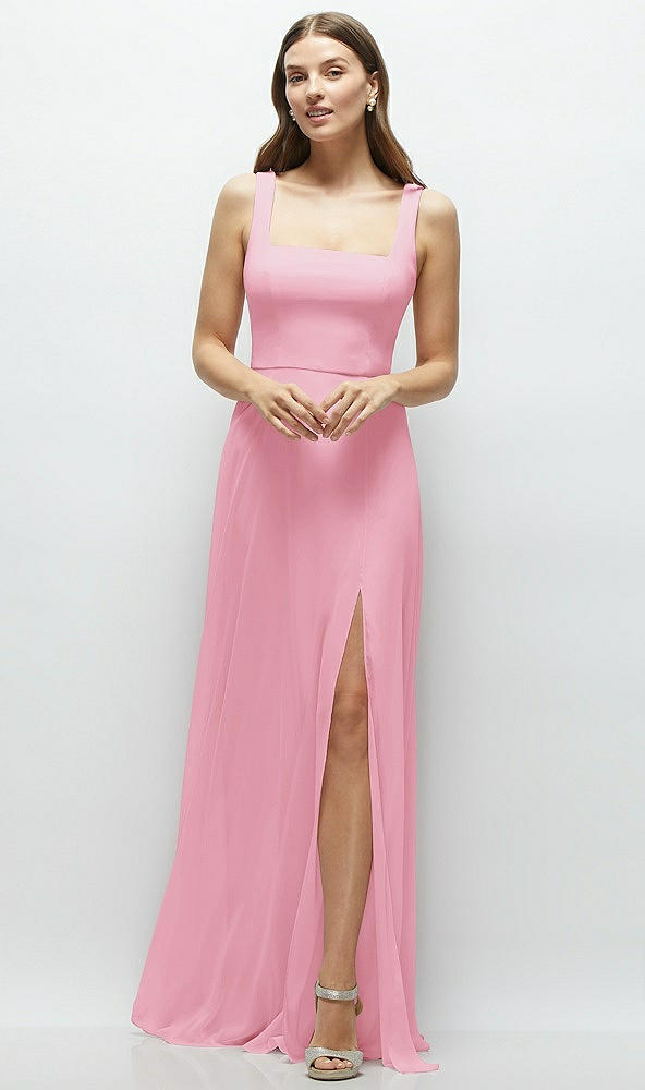 Front View - Peony Pink Square Neck Chiffon Maxi Dress with Circle Skirt