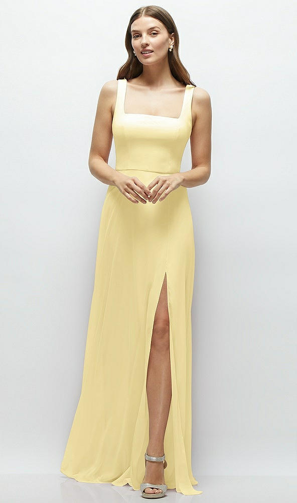 Front View - Pale Yellow Square Neck Chiffon Maxi Dress with Circle Skirt