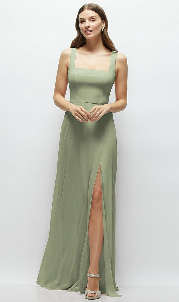 Front View - Sage Square Neck Chiffon Maxi Dress with Circle Skirt