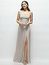Front View Thumbnail - Taupe Square Neck Chiffon Maxi Dress with Circle Skirt