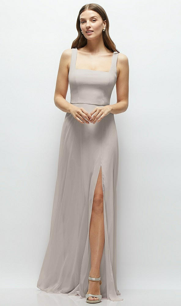 Front View - Taupe Square Neck Chiffon Maxi Dress with Circle Skirt